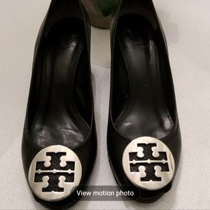 Tory Burch Black Leather Peep-Toe Wedge
